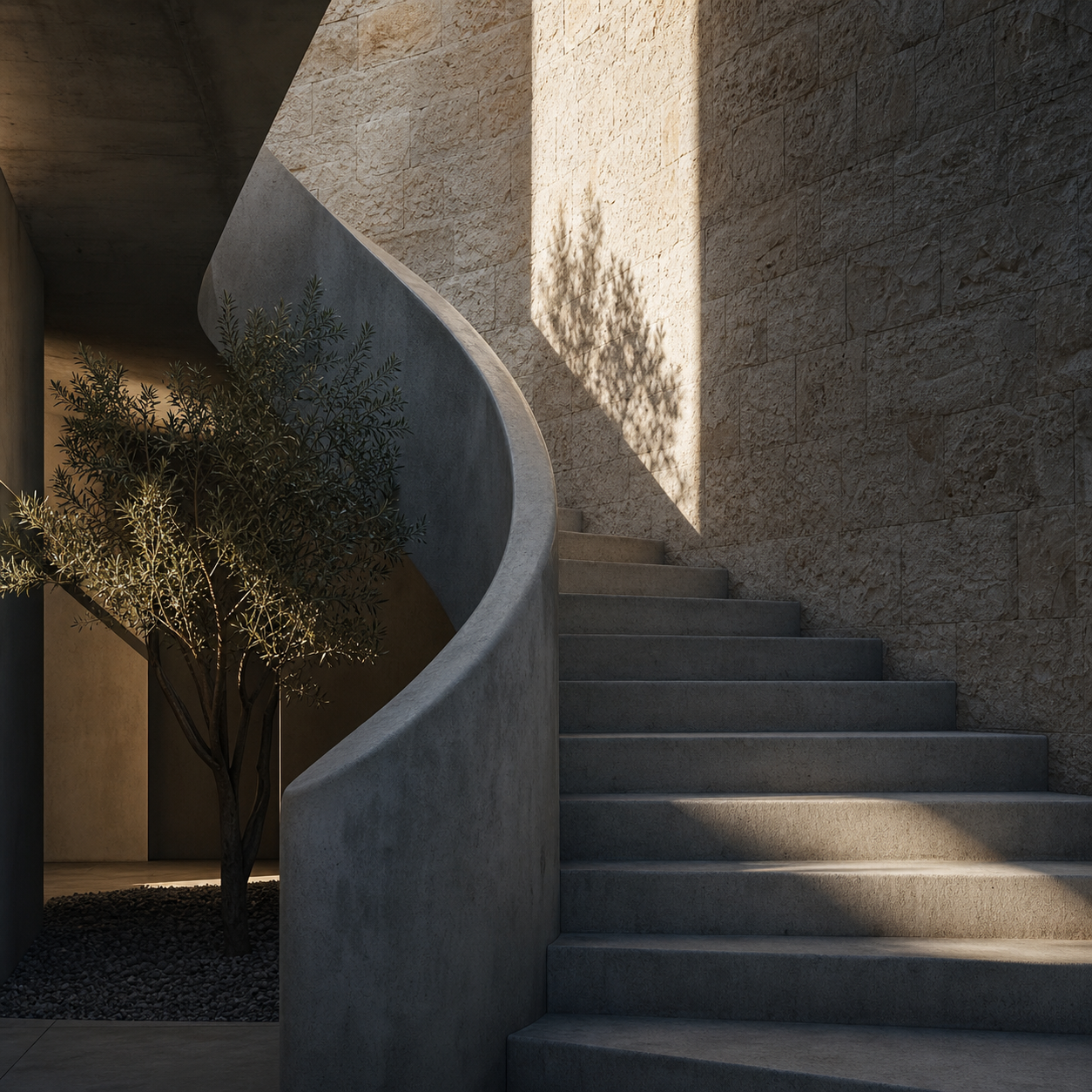 Sculptural stair and courtyard detail