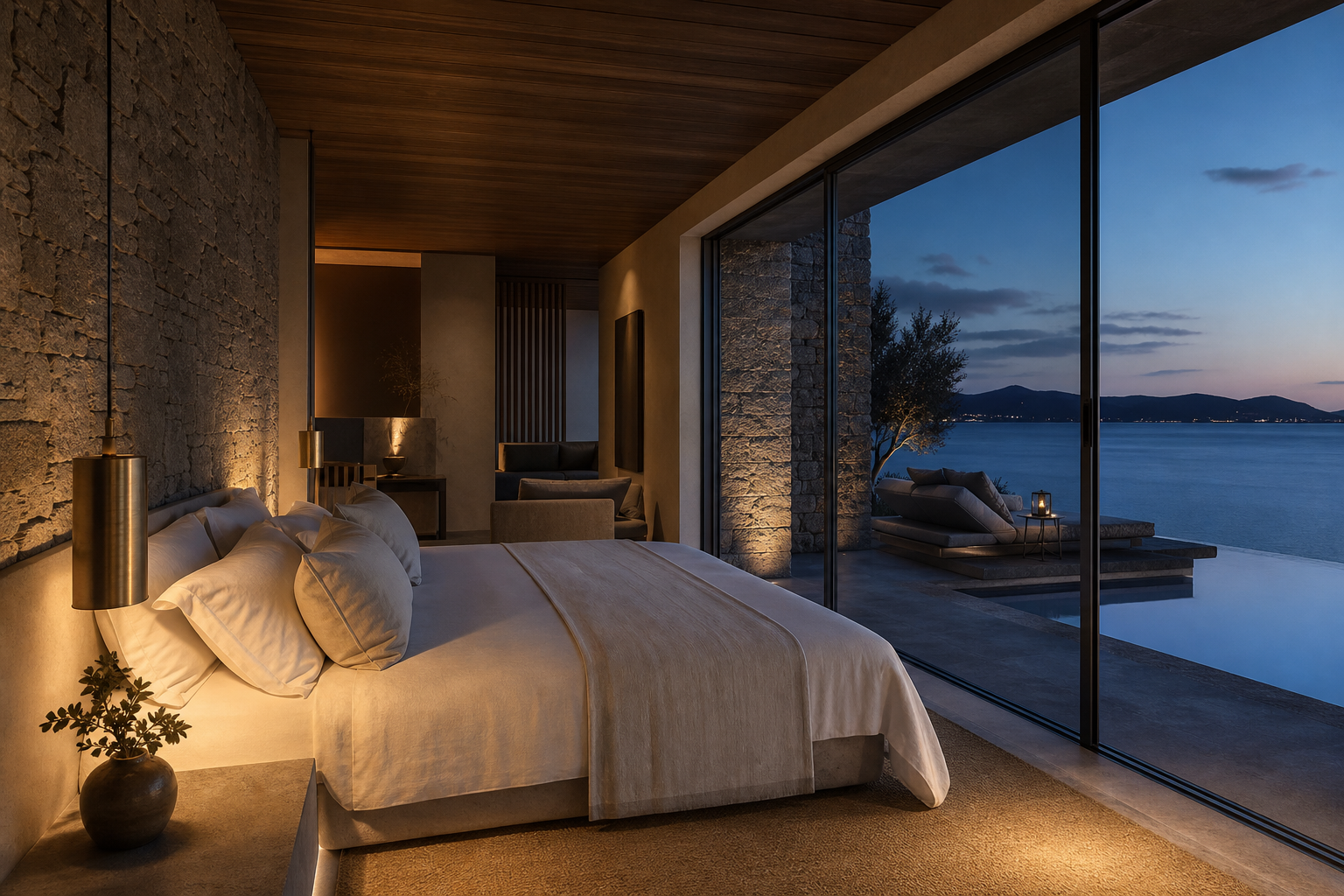 Luxury suite opening to a sea terrace at dusk